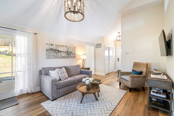 living room with couch and vaulted ceiling
