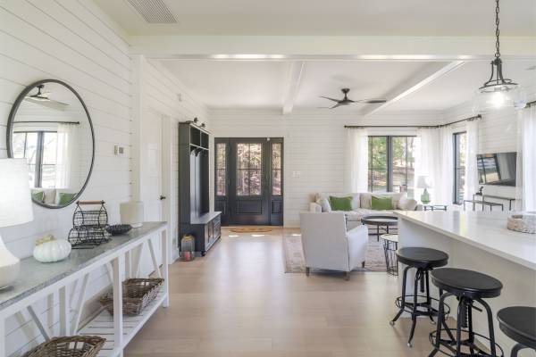 inside of a cottage in Charlottesville with a kitchen island