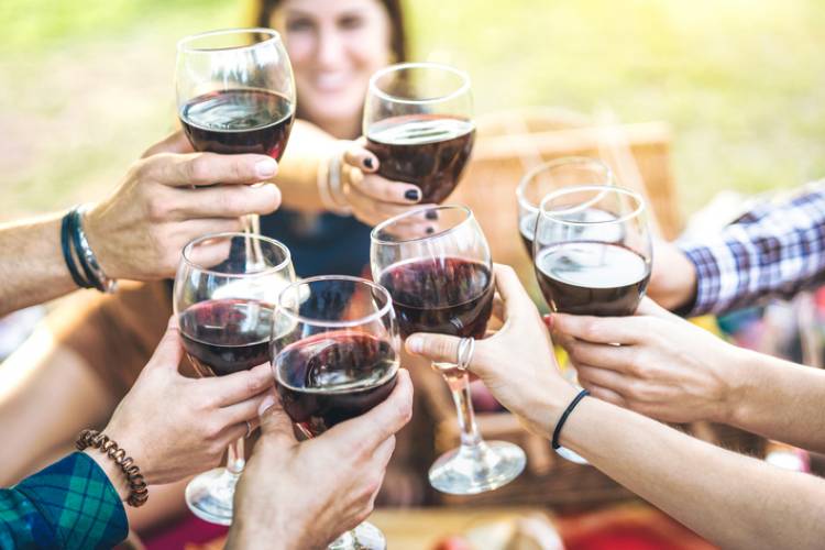 Friends enjoy a picnic at a winery